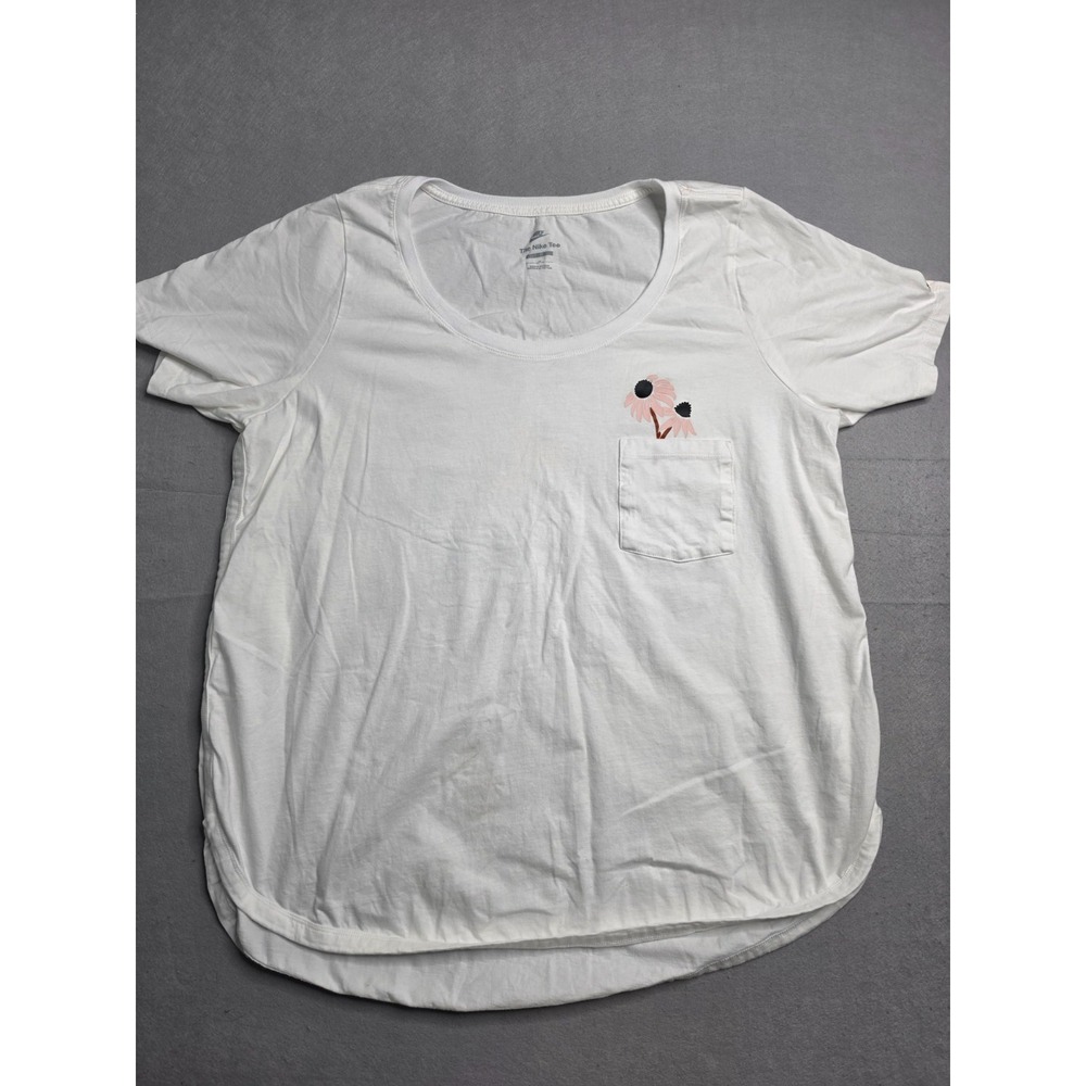 Nike Pocket T-Shirt Women 1X White Floral Print 100% Cotton Loose Fit Curved Hem